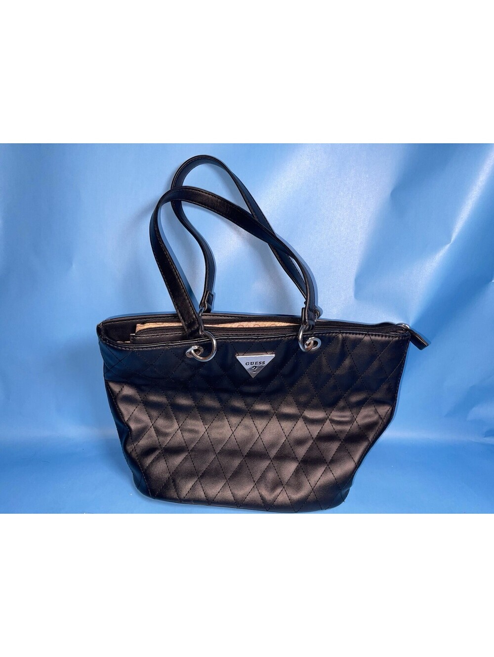 GUESS Black Quilted Tote Shoulder Bag Purse Zip Top Silver Hardware